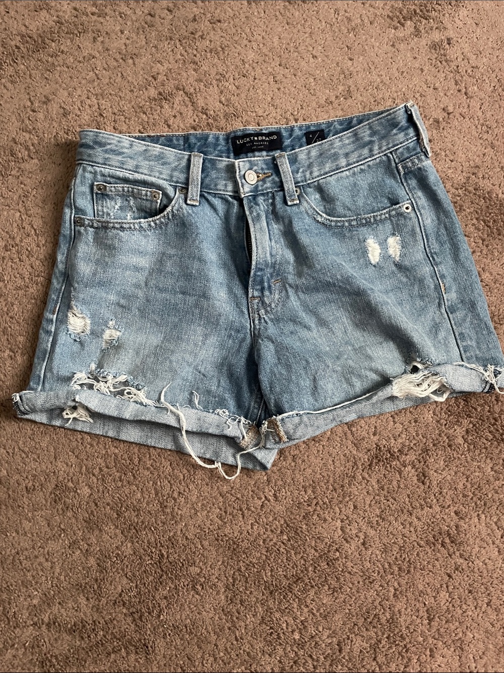 Lucky Brand Washed Light Blue Distressed Denim Roll-Cuff Shorts